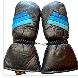 Kawasaki vintage LEATHER GLOVES Snowmobile Racing Mitten Black Blue STRIPE Men L